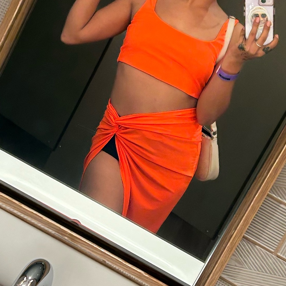 Neon orange two piece skirt set